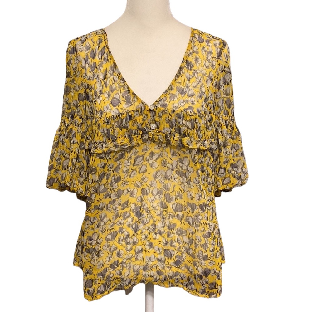 LOFT sheer floral blouse with bell sleeves